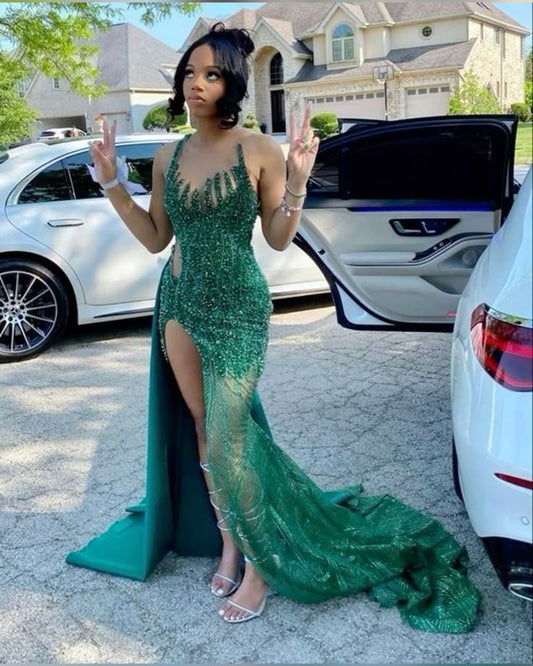 Classy Mermaid Green Sequin Sleeveless Slit Black Girl Long Prom Dresses Party Dress Birthday Outfits Graduation Dresses W0432