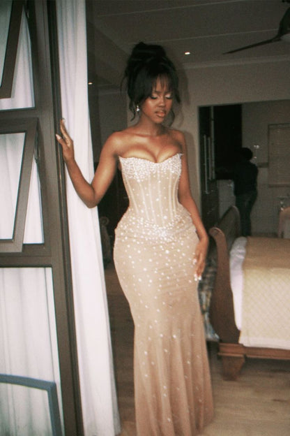 Classy Mermaid Sweetheart Champagne Sleeveless Sequin Long Prom Dresses Party Dress Birthday Outfits Graduation Dresses W0446