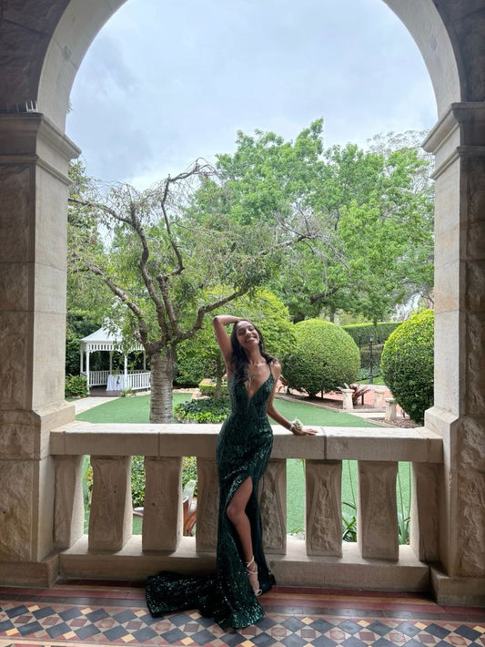 Sexy Mermaid Spaghetti Straps Green Slit Sleeveless Prom Dresses Party Dress Summer Birthday Outfits Birthday Dresses W0504