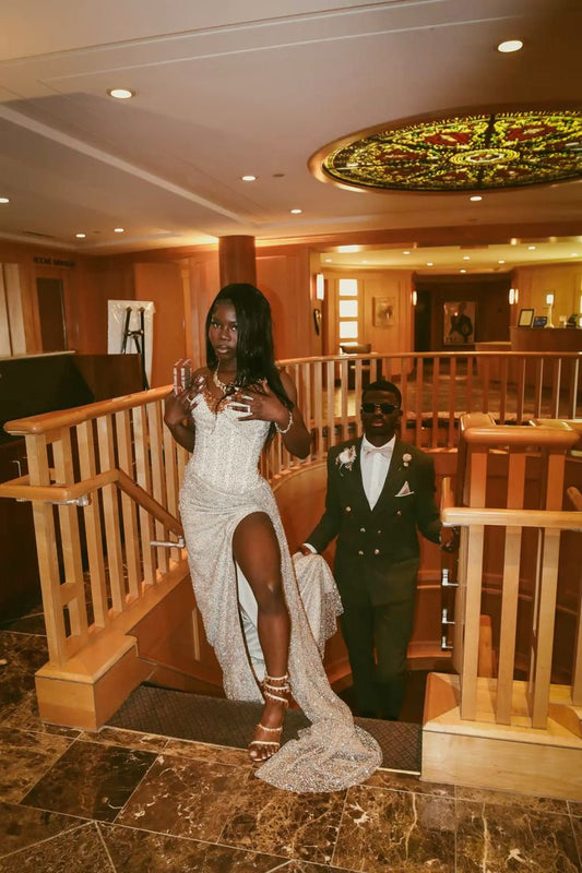 Modest Mermaid Sweetheart Champagne Slit Formal Gown 20th Birthday Dress Prom Dresses Black Girl 18th Birthday Outfits W0509