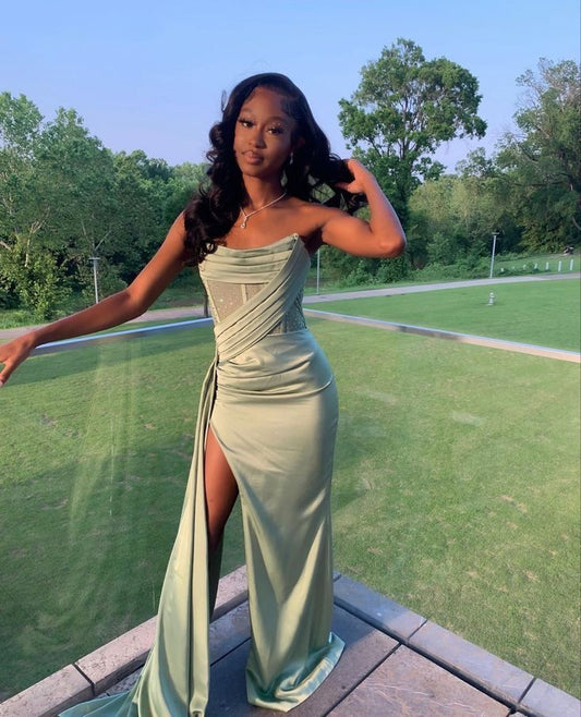 Classy Mermaid Strapless Black Girls Satin Long Prom Dresses Party Dress Birthday Outfits Graduation Dresses W0510