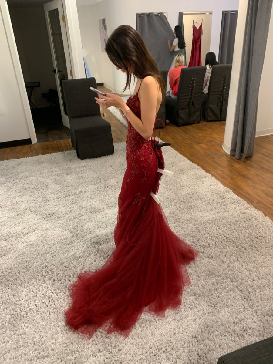 Classy Mermaid Straps Red Tulle Backless Long Prom Dresses Party Dress DivineProm Classy Mermaid Straps Red Tulle Backless Long Prom Dresses Party Dress DivineProm