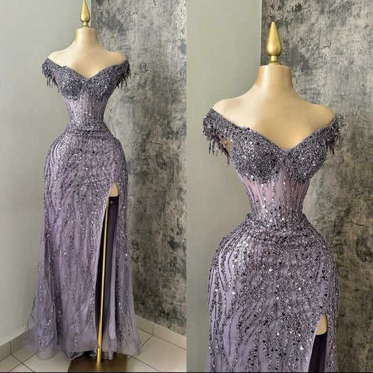 Sexy Mermaid Off The Shoulder Grape Slit Sequin Prom Dresses Party Dress Summer Black Girls Birthday Outfits Birthday Dresses W0514