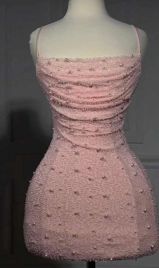 Pretty Sheath Spaghetti Straps Pink Summer 16th Birthday Dresses For Teens Hoco Dress Mini 18th Birthday Outfit Cocktail Dresses For Women W0542