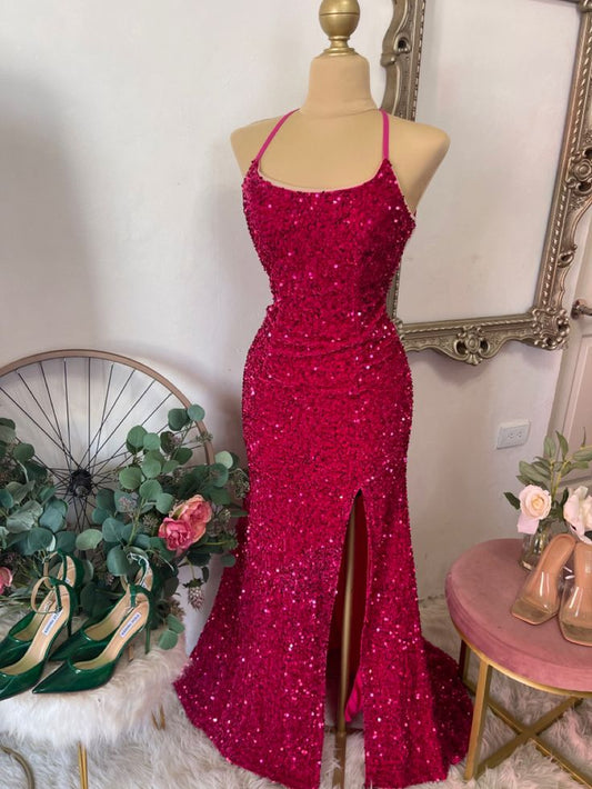 Vintage Mermaid Halter Pink Backless Sequins Long Evening Party Gowns Evening Formal Dresses Prom Dress W0548