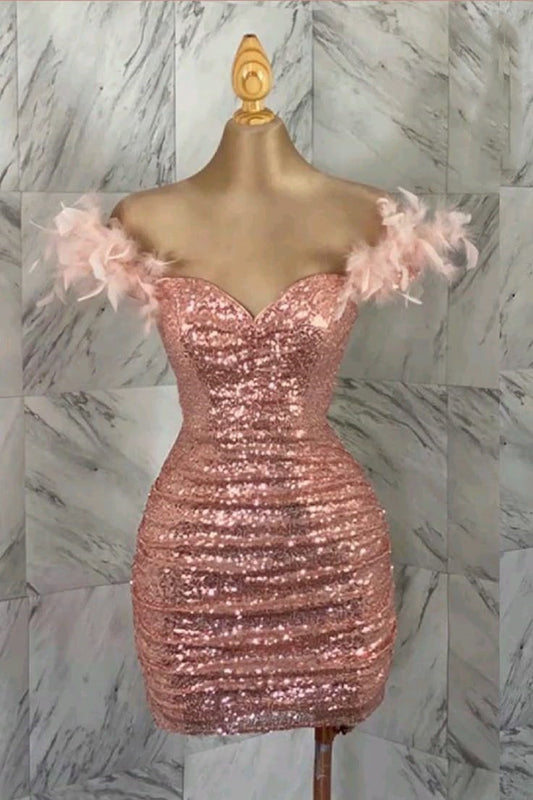 Pretty Sheath Off The Shoulder Pink Sequin Summer 16th Birthday Dresses For Teens Hoco Dress Mini 18th Gold Birthday Outfit Cocktail Dresses For Women W0552