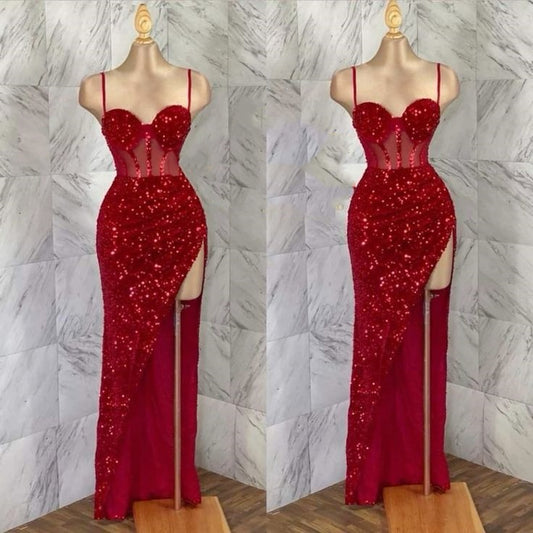 Classy Mermaid Straps Red Sequin High Slit Long Prom Dresses Party Dress Birthday Outfits Graduation Dresses W0558
