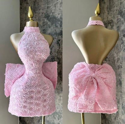 Jolie robe fourreau à col haut et motif floral rose pour 16e anniversaire, tenue d'été Hoco, mini, tenue de cocktail pour 21e anniversaire, pour femme, W0568