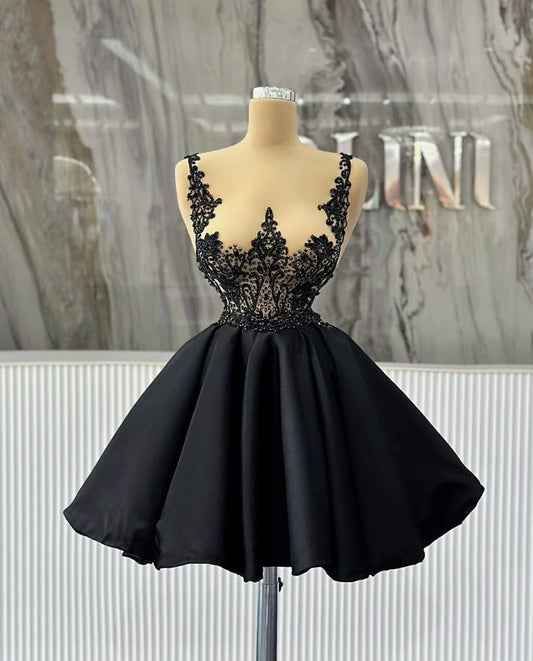 Jolie robe de bal courte en satin noir, robe de soirée d'été Hoco, robe de cocktail, tenue d'anniversaire W0571