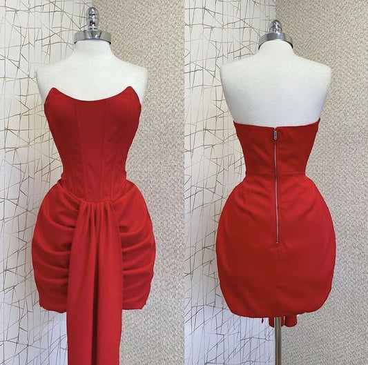 Robe fourreau courte rouge sans bretelles pour bal de fin d'année, tenue de soirée, de cocktail, d'anniversaire, W0573