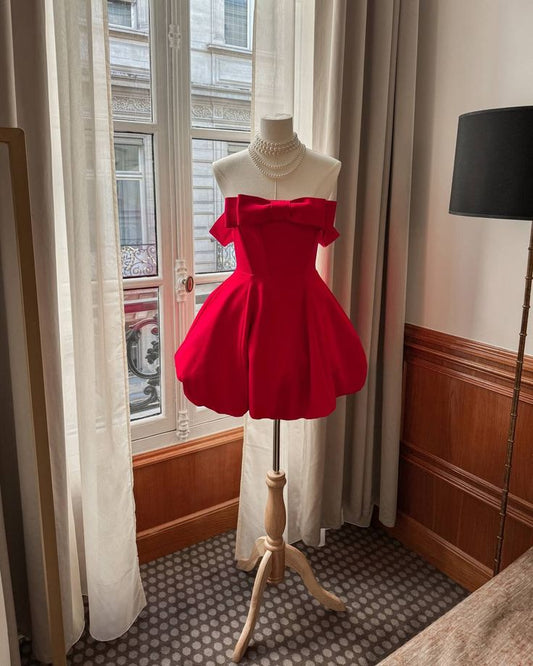 Robe de bal tendance à épaules dénudées, rouge et noire, courte, pour fille, tenue de soirée, de collège, de cocktail, d'anniversaire, W0574