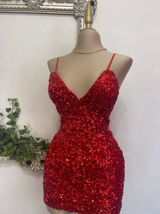 Robe fourreau courte rouge à bretelles spaghetti et paillettes pour bal de fin d'année, tenue de soirée, de cocktail, d'anniversaire, W0577