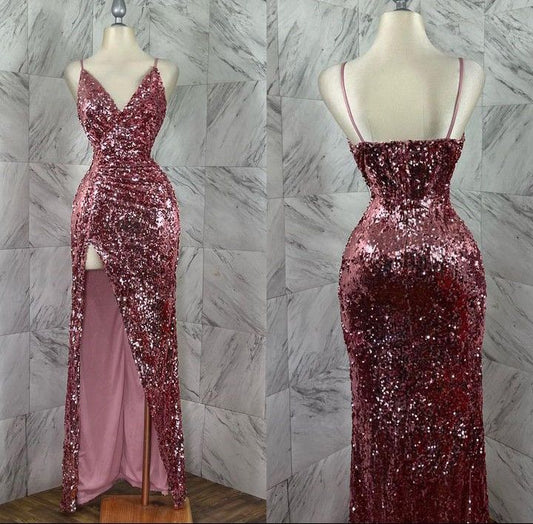 Classy Mermaid Spaghetti Straps Rose Pink Sequin High Slit Long Prom Dresses Party Dress Birthday Outfits Graduation Dresses W0578