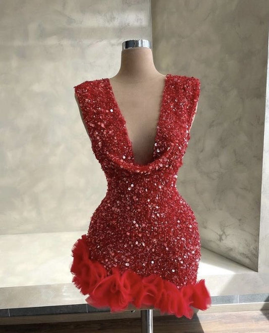 Robe fourreau courte rouge à paillettes et col en V pour bal de fin d'année, tenue de soirée formelle pour le collège, robe de cocktail, tenue d'anniversaire, W0579