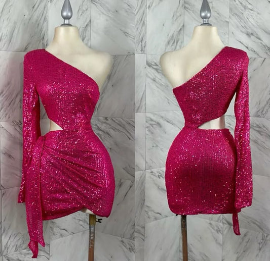 Cute Sheath One Shoulder Sequin Hot Pink Short Homecoming Dress Summer Middle School Formal Hoco Dresses Cocktail Dress Birthday Outfits W0587