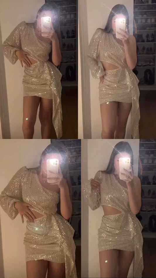 Cute Sheath One Shoulder Sequin Champagne Short Homecoming Dress Summer Middle School Formal Hoco Dresses Cocktail Dress Birthday Outfits W0588