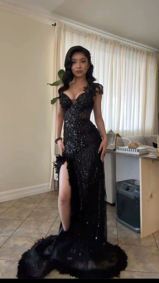 Classy Mermaid Spaghetti Straps Black Sequin High Slit Long Prom Dresses Party Dress Birthday Outfits Graduation Dresses W0599