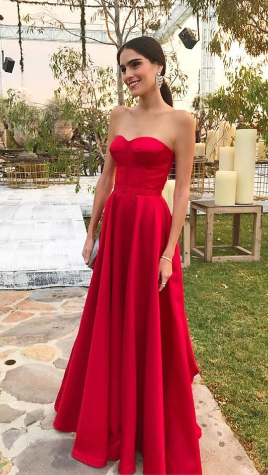 Classy A line Sweetheart Red Satin Long Formal Gown Summer Wedding Guest Dress Bridal Guest Dresses Wedding Outfits For Guest W0639