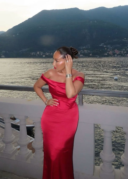 Classy Mermaid Off The Shoulder Red Long Formal Gown Summer Wedding Guest Dress Bridal Guest Dresses Wedding Outfits For Guest W0644
