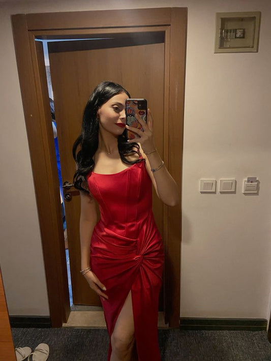 Classy Mermaid Halter Red Slit Long Prom Dresses Formal Gown Summer Wedding Guest Dress Wedding Outfits For Guest W0646