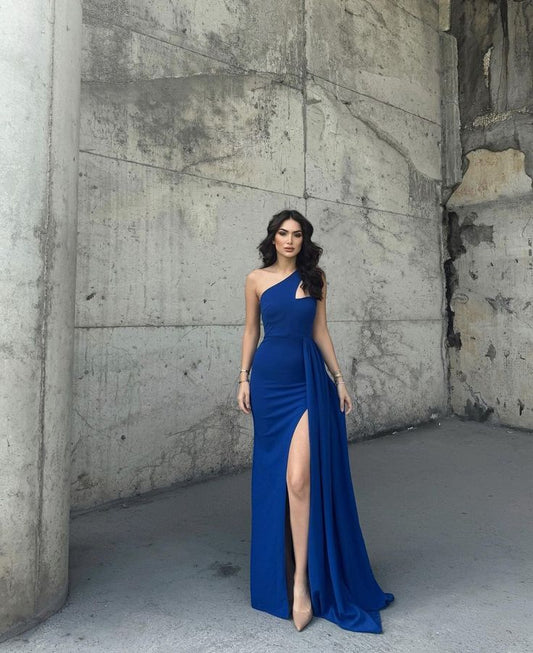 Classy Sheath One Shoulder Satin Royal Blue Long Formal Gown Summer Wedding Guest Dress Bridal Guest Dresses Wedding Outfits For Guest W0647