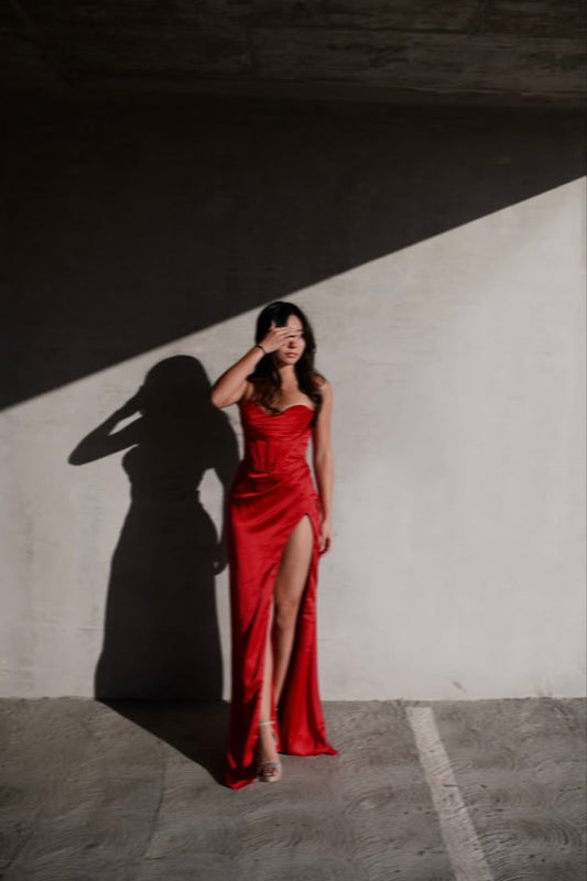 Classy Mermaid Halter Backless Red Long Formal Gown Summer Wedding Guest Dress Bridal Guest Dresses Wedding Outfits For Guest W0648