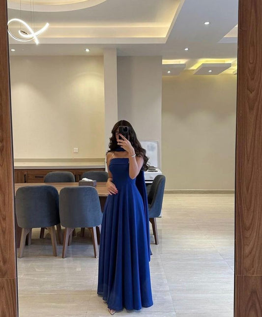 Classy A line Strapless Royal Blue Chiffon Long Prom Gown Summer Wedding Guest Dress Bridal Guest Dresses Wedding Outfits For Guest W0653