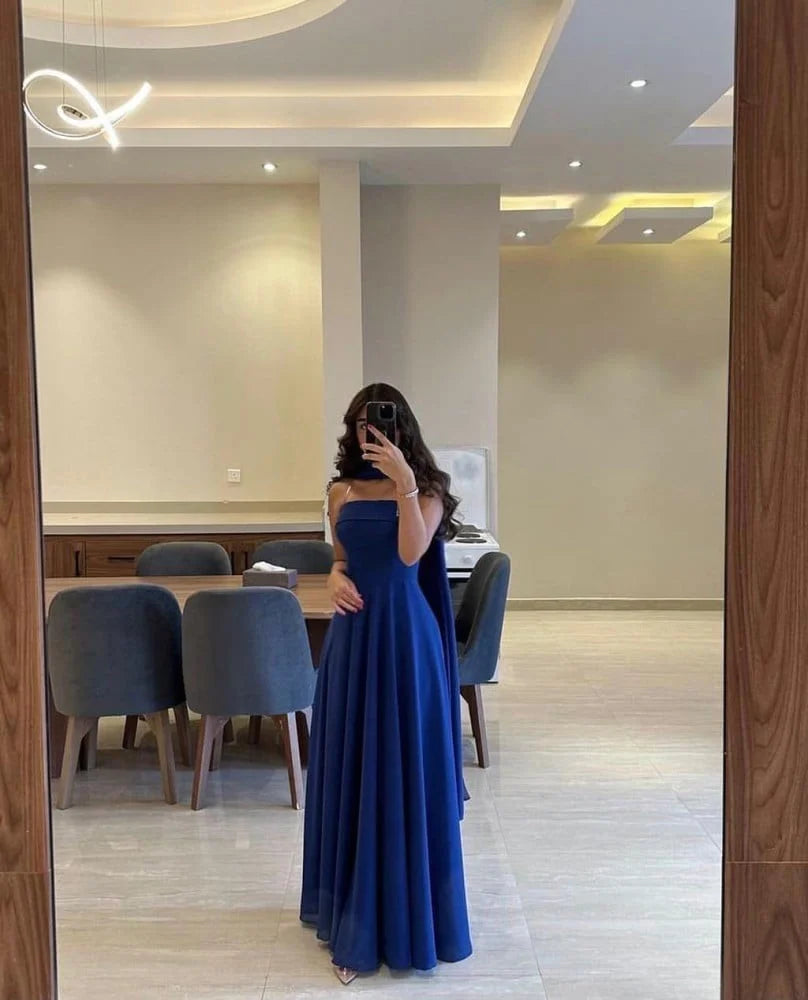 Classy A line Strapless Royal Blue Chiffon Long Prom Gown Summer Wedding Guest Dress Bridal Guest Dresses Wedding Outfits For Guest W0653