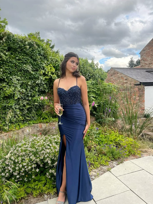 Classy Mermaid Spaghetti Straps Navy Blue Slit Long Prom Dresses Formal Gown Summer Wedding Guest Dress Wedding Outfits For Guest W0658
