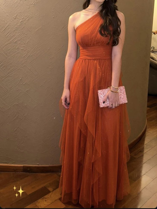 Modest A line One Shoulder Tulle Long Prom Gown Summer Wedding Guest Dress Bridal Guest Dresses Wedding Outfits For Guest W0667