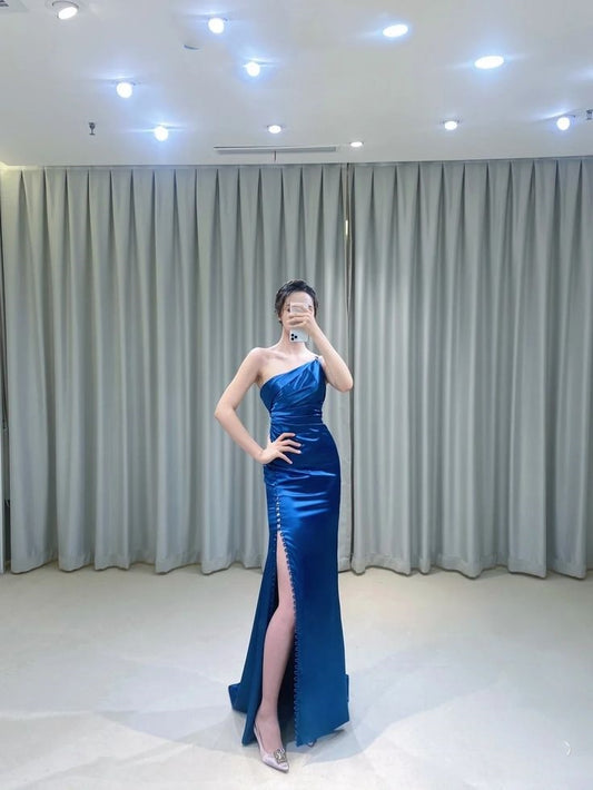 Modest Sheath One Shoulder Satin Long Prom Gown Summer Wedding Guest Dress Bridal Guest Dresses Wedding Outfits For Guest W0669
