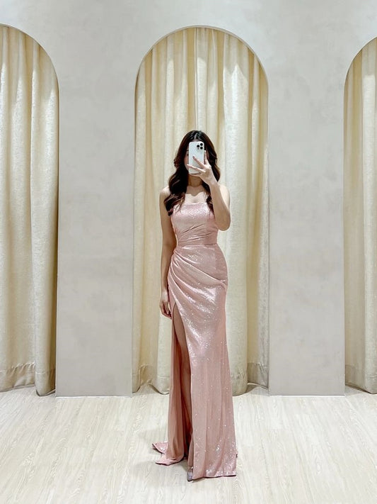 Classy Sheath Strapless Sequin Pink Slit Long Prom Gown Summer Wedding Guest Dress Bridal Guest Dresses Wedding Outfits For Guest W0670