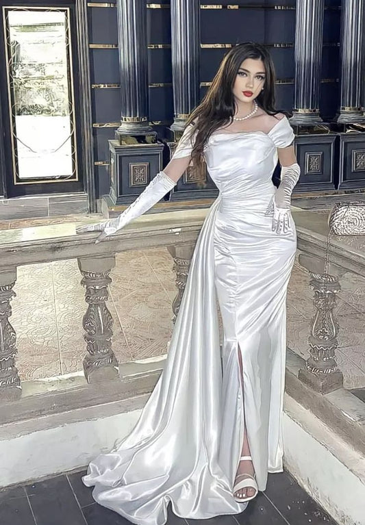 Classy Mermaid Off The Shoulder White Slit Long Prom Gown Summer Wedding Guest Dress Bridal Guest Dresses Wedding Outfits For Guest W0671