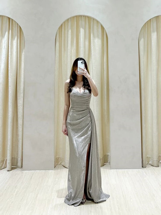 Classy Sheath Sweetheart Sequin Silver Slit Long Prom Gown Summer Wedding Guest Dress Bridal Guest Dresses Wedding Outfits For Guest W0672