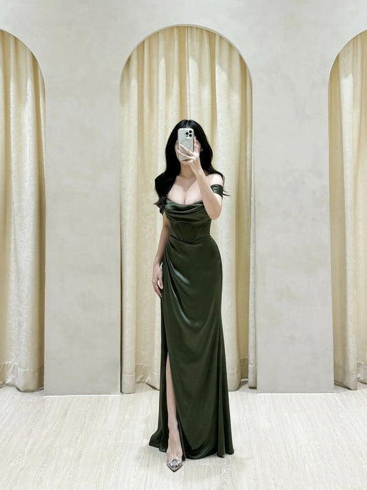 Classy Mermaid Off The Shoulder Green Slit Long Prom Gown Summer Wedding Guest Dress Bridal Guest Dresses Wedding Outfits For Guest W0673
