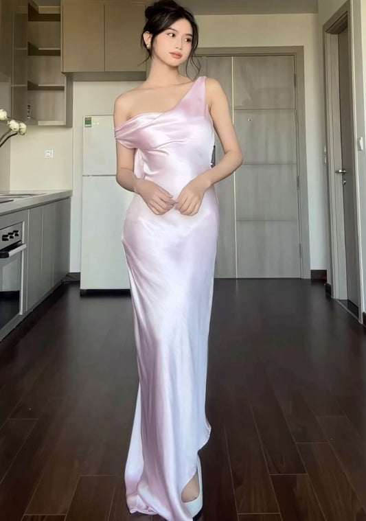 Modest Sheath One Shoulder Satin Pink Long Prom Gown Summer Wedding Guest Dress Bridal Guest Dresses Wedding Outfits For Guest W0674