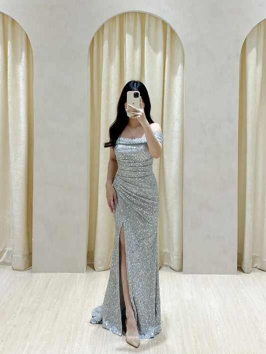 Classy Mermaid Off The Shoulder Silver Sequin Slit Long Prom Gown Summer Wedding Guest Dress Bridal Guest Dresses Wedding Outfits For Guest W0676