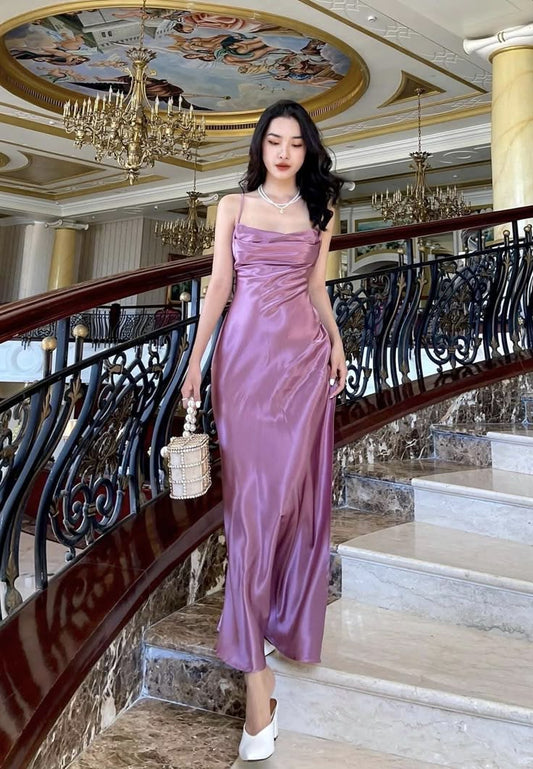 Classy Sheath Spaghetti Straps Lilac Satin Long Prom Gown Summer Wedding Guest Dress Bridal Guest Dresses Wedding Outfits For Guest W0677