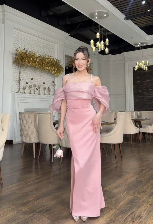 Classy Sheath Spaghetti Straps Pink Slit Long Prom Gown Summer Wedding Guest Dress Bridal Guest Dresses Wedding Outfits For Guest W0679