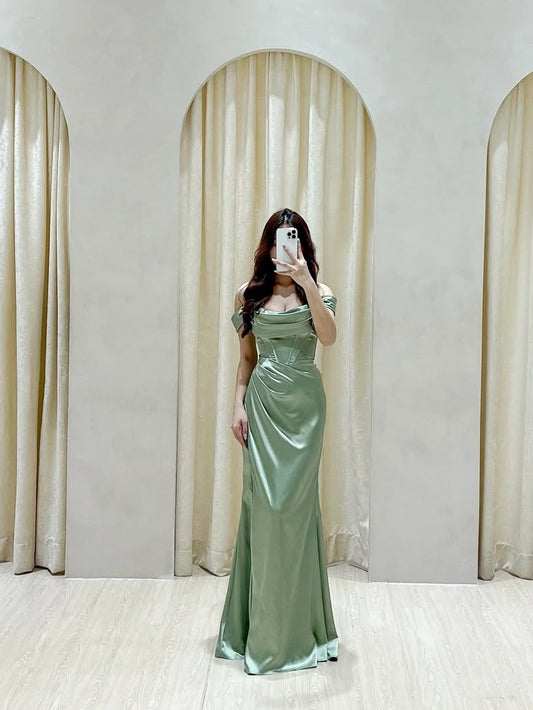Classy Mermaid Off The Shoulder Sage Green Slit Ruffles Long Prom Gown Summer Wedding Guest Dress Bridal Guest Dresses Wedding Outfits For Guest W0681