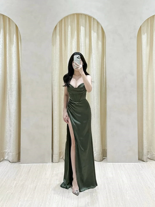 Classy Mermaid Spaghetti Straps Olive Green Slit Ruffles Long Prom Gown Summer Wedding Guest Dress Bridal Guest Dresses Wedding Outfits For Guest W0682