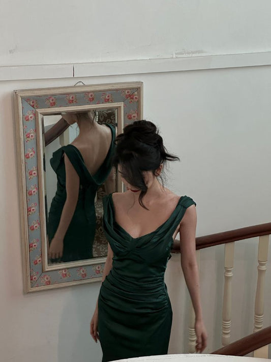 Classy Sheath V Neck Dark Green Satin Formal Long Prom Gown Summer Wedding Guest Dress Bridal Guest Dresses Wedding Outfits For Guest W0683