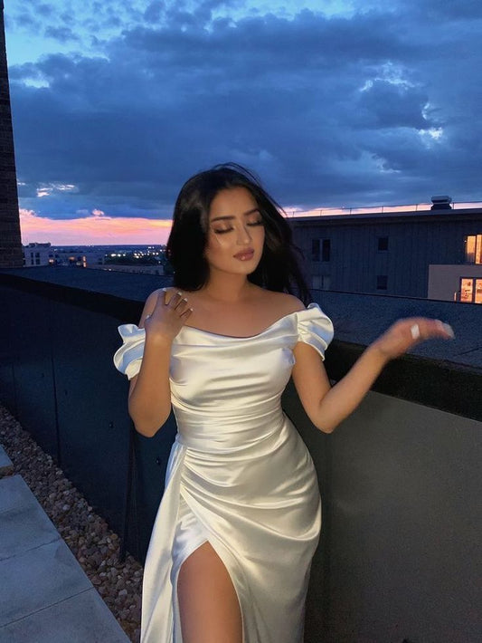 Classy Mermaid Off The Shoulder White Slit Long Prom Gown Summer Wedding Guest Dress Bridal Guest Dresses Wedding Outfits For Guest W0686