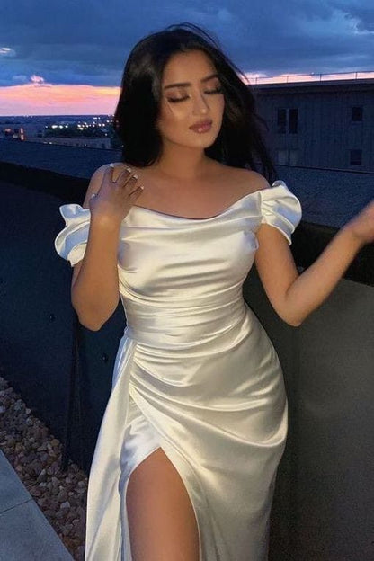 Classy Mermaid Off The Shoulder White Slit Long Prom Gown Summer Wedding Guest Dress Bridal Guest Dresses Wedding Outfits For Guest W0686