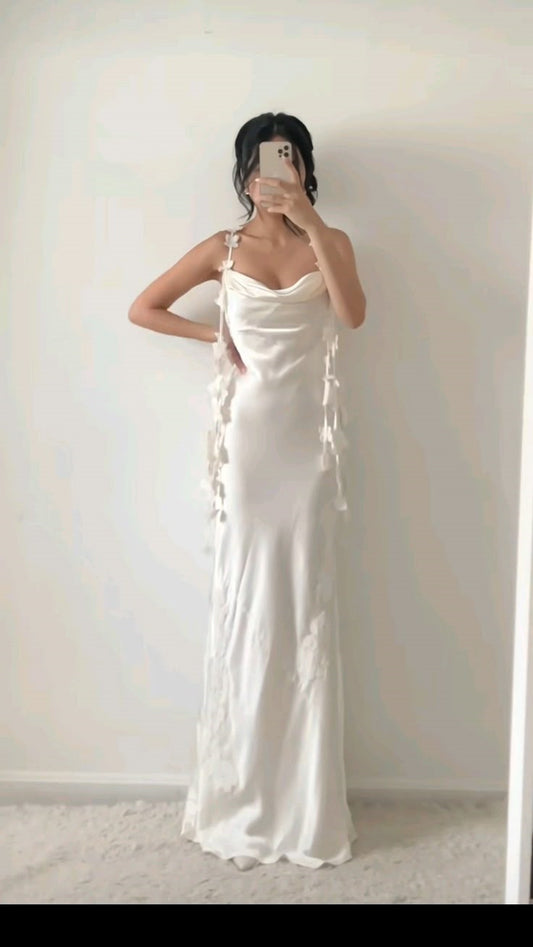 Classy Sheath Spaghetti Straps White Satin Formal Long Prom Gown Summer Wedding Guest Dress Bridal Guest Dresses Wedding Outfits For Guest W0687
