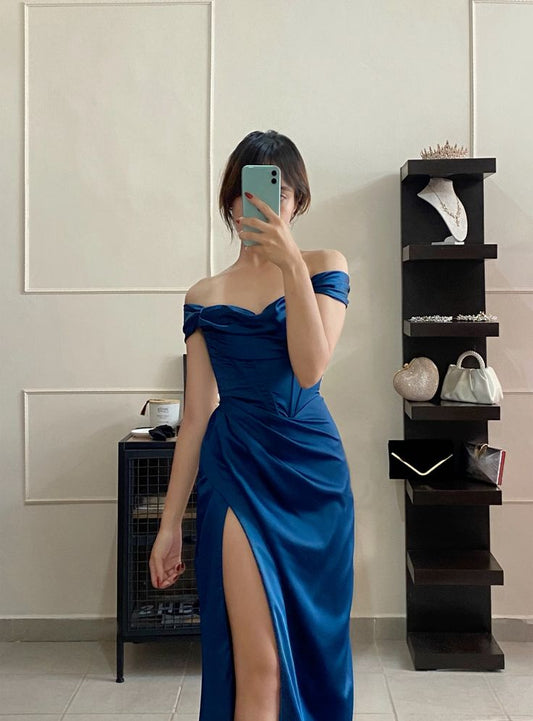 Classy Mermaid Off The Shoulder Royal Blue Slit Long Prom Gown Summer Wedding Guest Dress Bridal Guest Dresses Wedding Outfits For Guest W0688