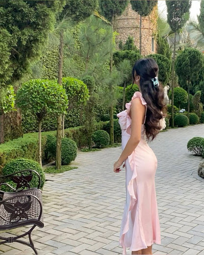Classy Sheath Square Neck Ruffles Satin Backless Prom Gown Summer Wedding Guest Dress Bridal Guest Dresses Wedding Outfits For Guest W0689