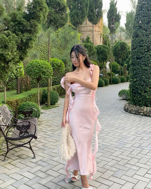 Classy Sheath Square Neck Ruffles Satin Backless Prom Gown Summer Wedding Guest Dress Bridal Guest Dresses Wedding Outfits For Guest W0689