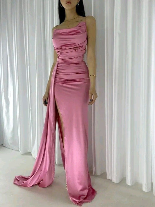 Classy Sheath Spaghetti Straps Pink Slit Satin Formal Long Prom Gown Summer Wedding Guest Dress Bridal Guest Dresses Wedding Outfits For Guest W0690