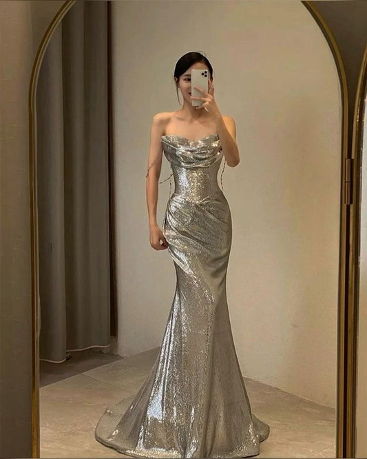 Classy Mermaid Strapless Silver Sequin Long Prom Gown Summer Wedding Guest Dress Bridal Guest Dresses Wedding Outfits For Guest W0692